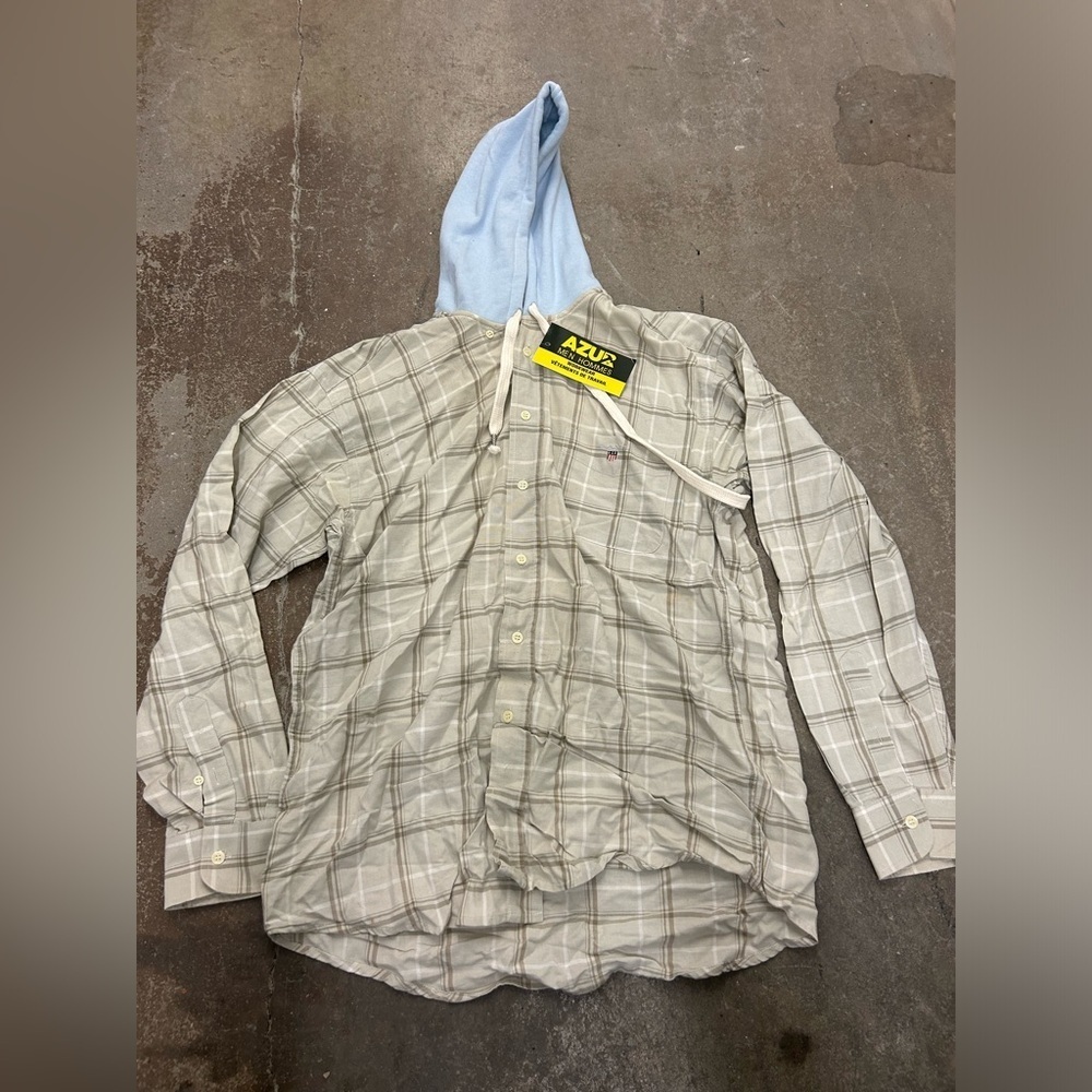 Nwt‎ azur workwear Plaid Button-Up Shirt with Blue Hood